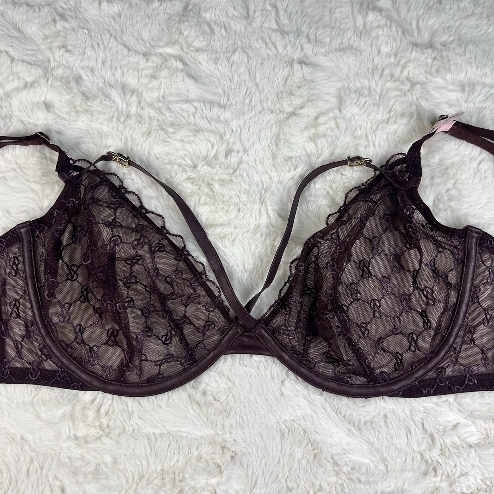 Victoria's Secret Very Sexy Unlined Demi Bra Brown Mesh Logo Embroidery 32DD NWT